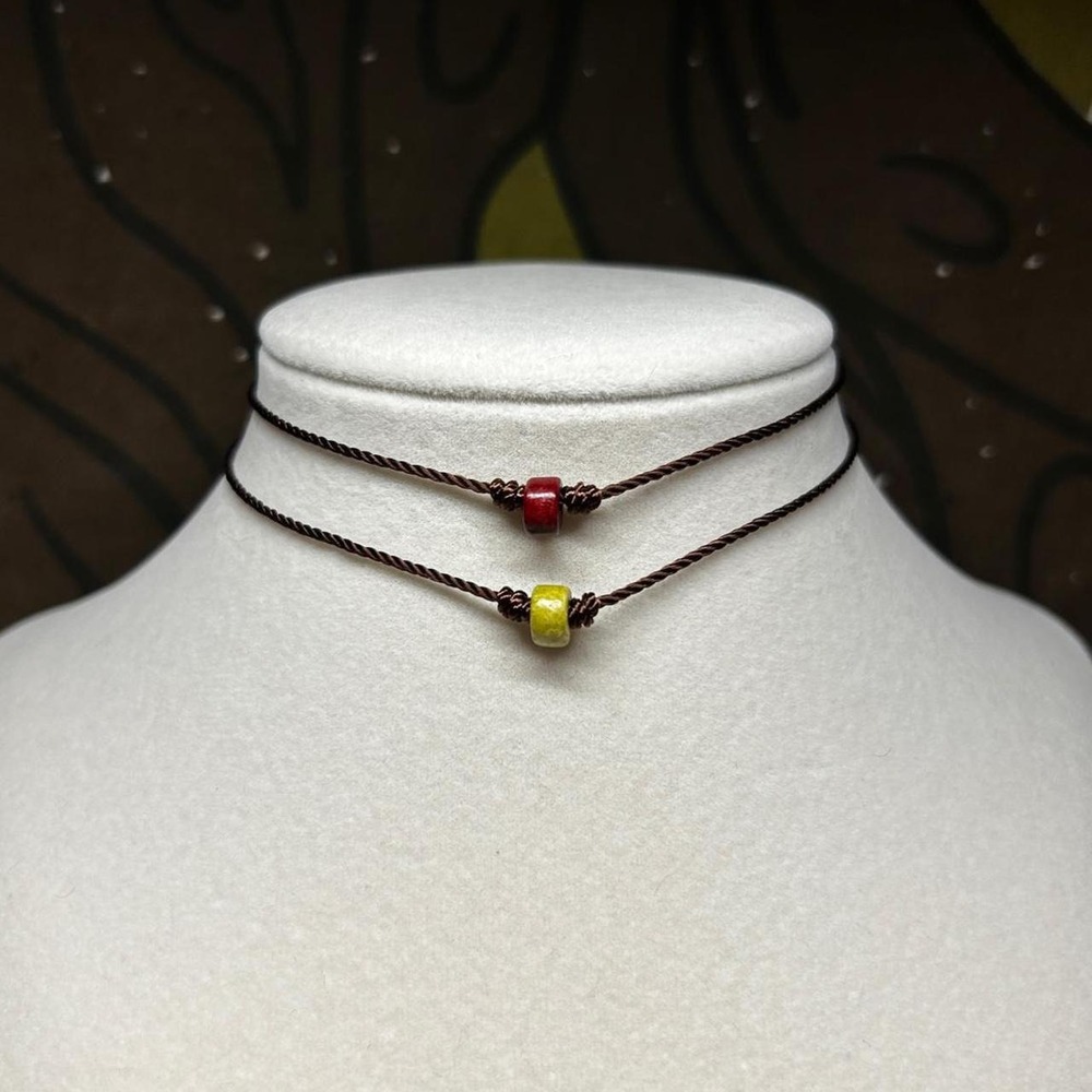 Earthy Ceramic Necklace boho chic adjustable cord dainty green red fall jewelry